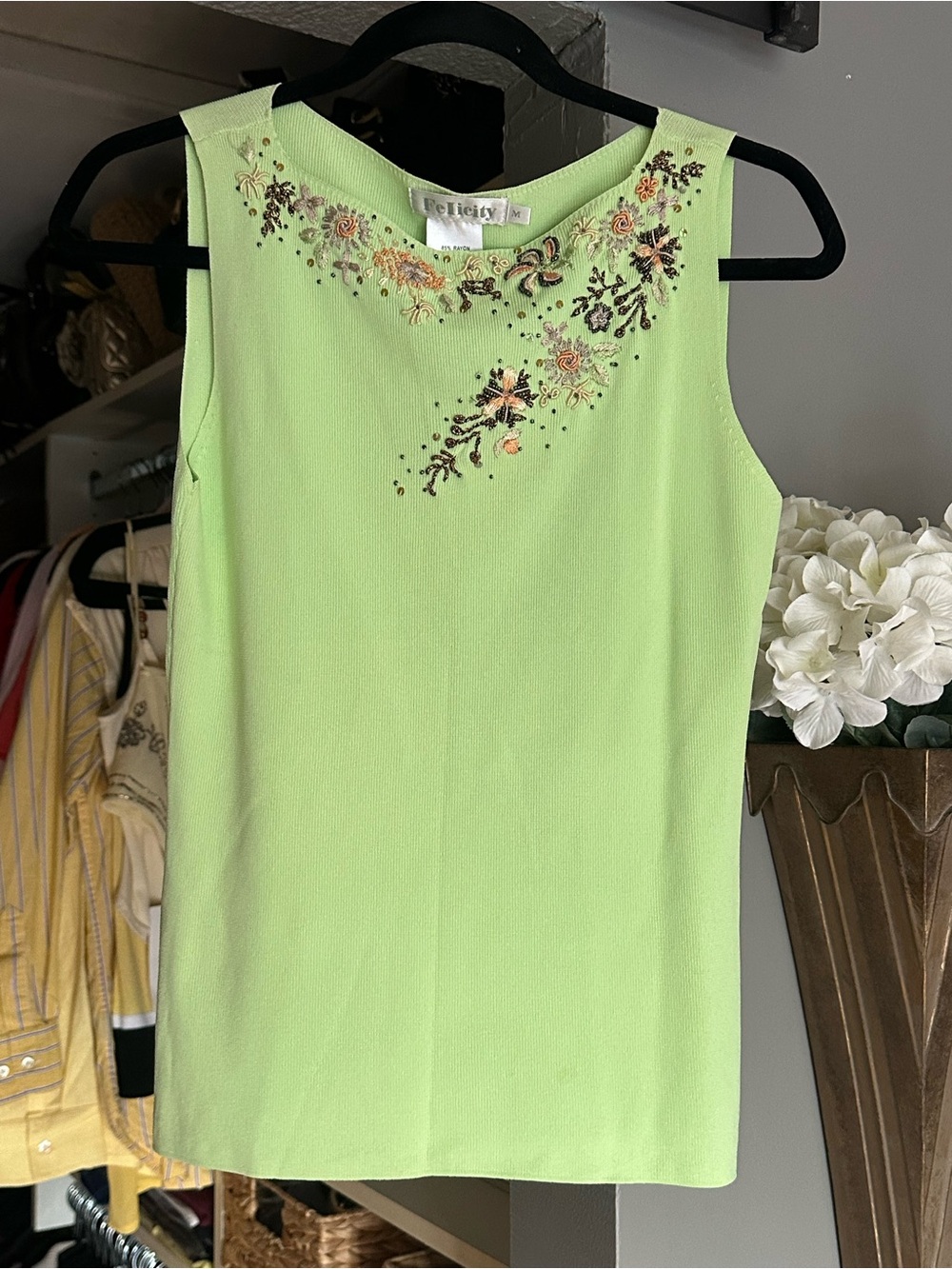 Vintage Sleeveless Embellished Lime Green Shell Top